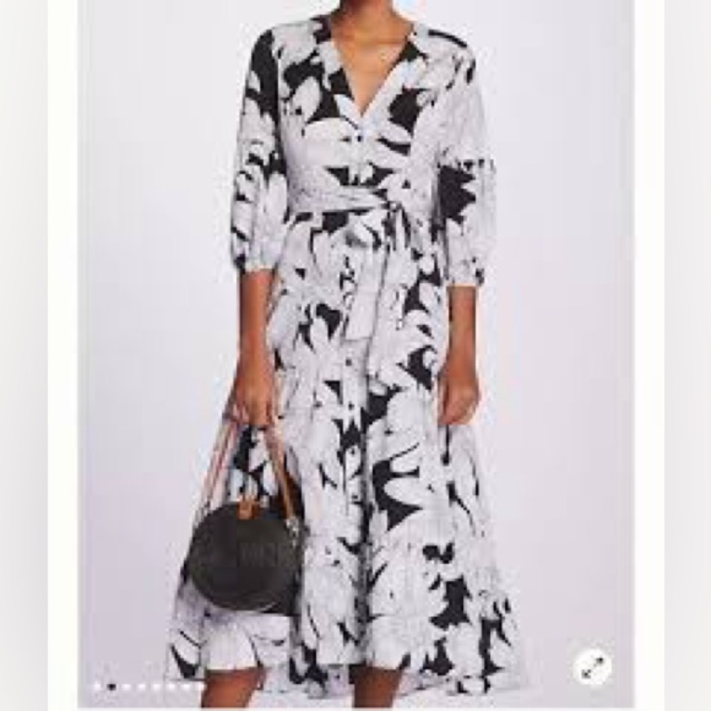 Anthropologie Maeve Dress - Black with Gray and White Floral - Puff Sleeve Midi